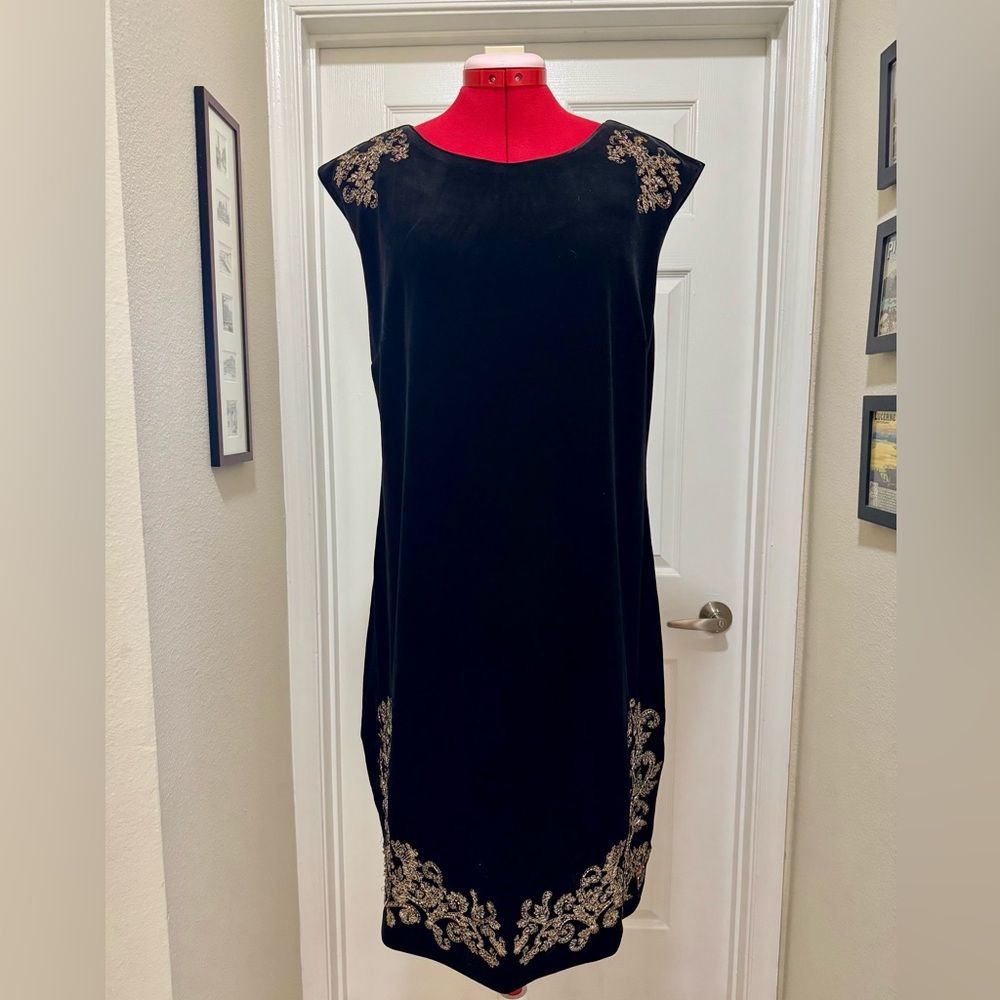 WHBM Black Velvet Dress with Gold Embroidery, sz Large